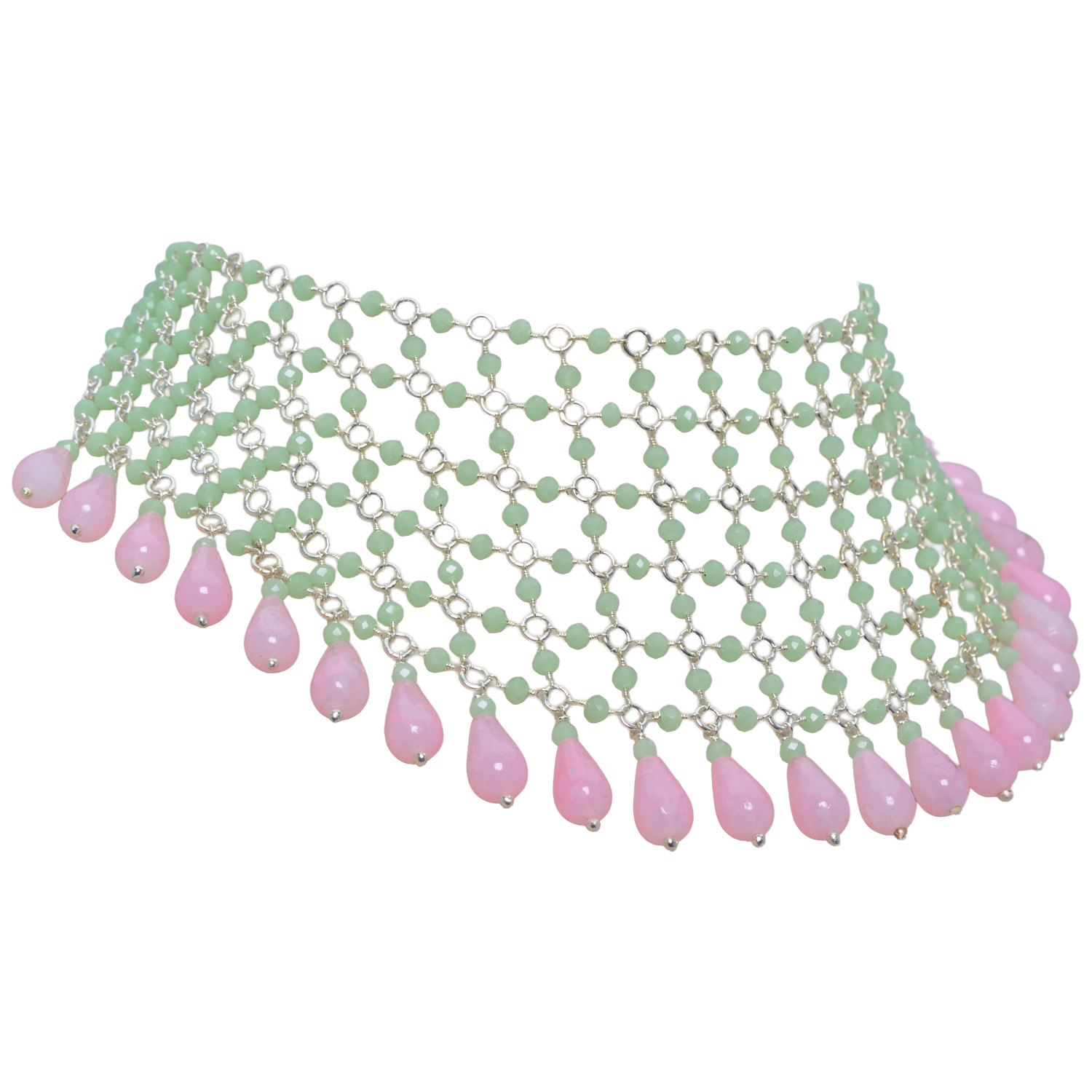 Rose Quartz & Chalcedony Color Cubic Zirconia Beads Necklace (Silver) - Image 5
