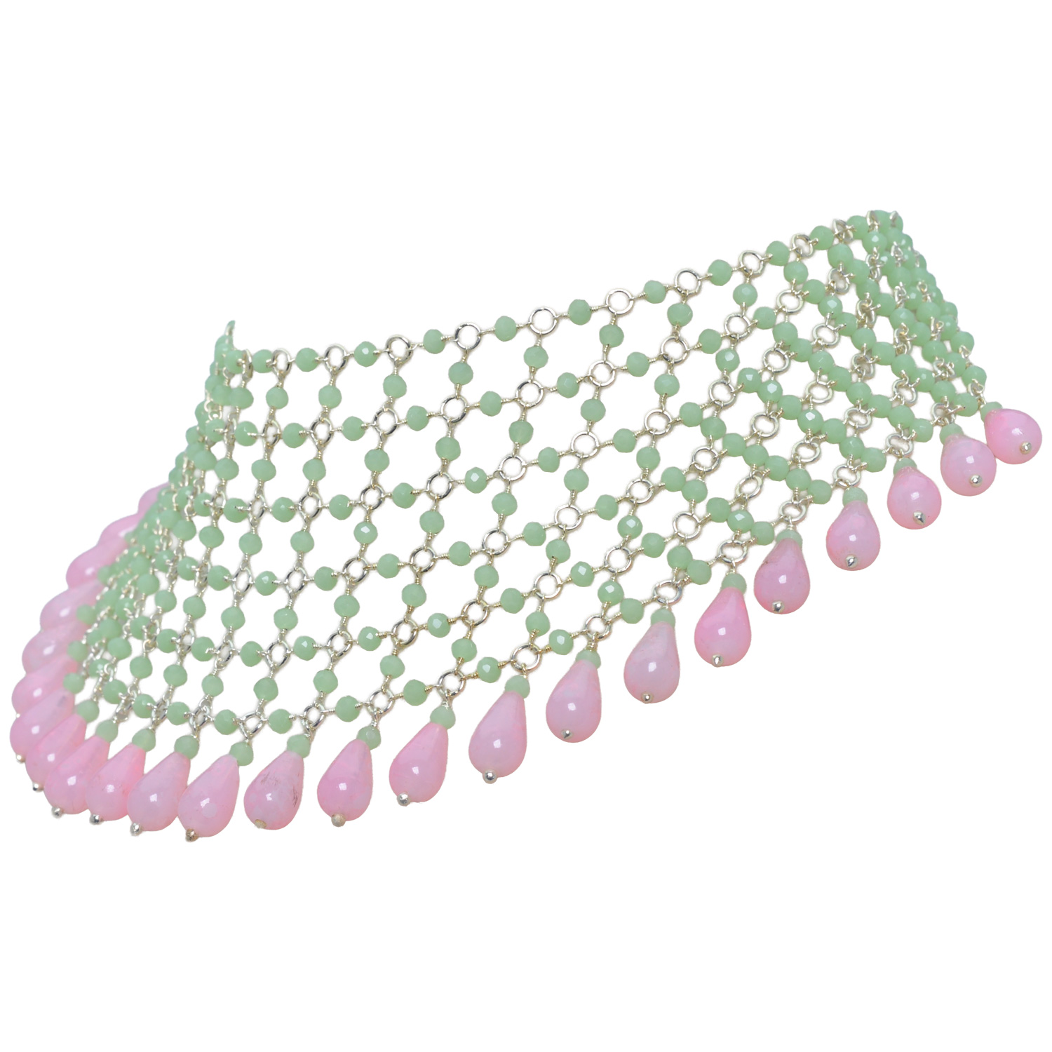 Rose Quartz & Chalcedony Color Cubic Zirconia Beads Necklace (Silver) - Image 4