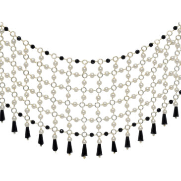 Pearl & Black Spinel Color Cubic Zirconia Beads Necklace (Silver)
