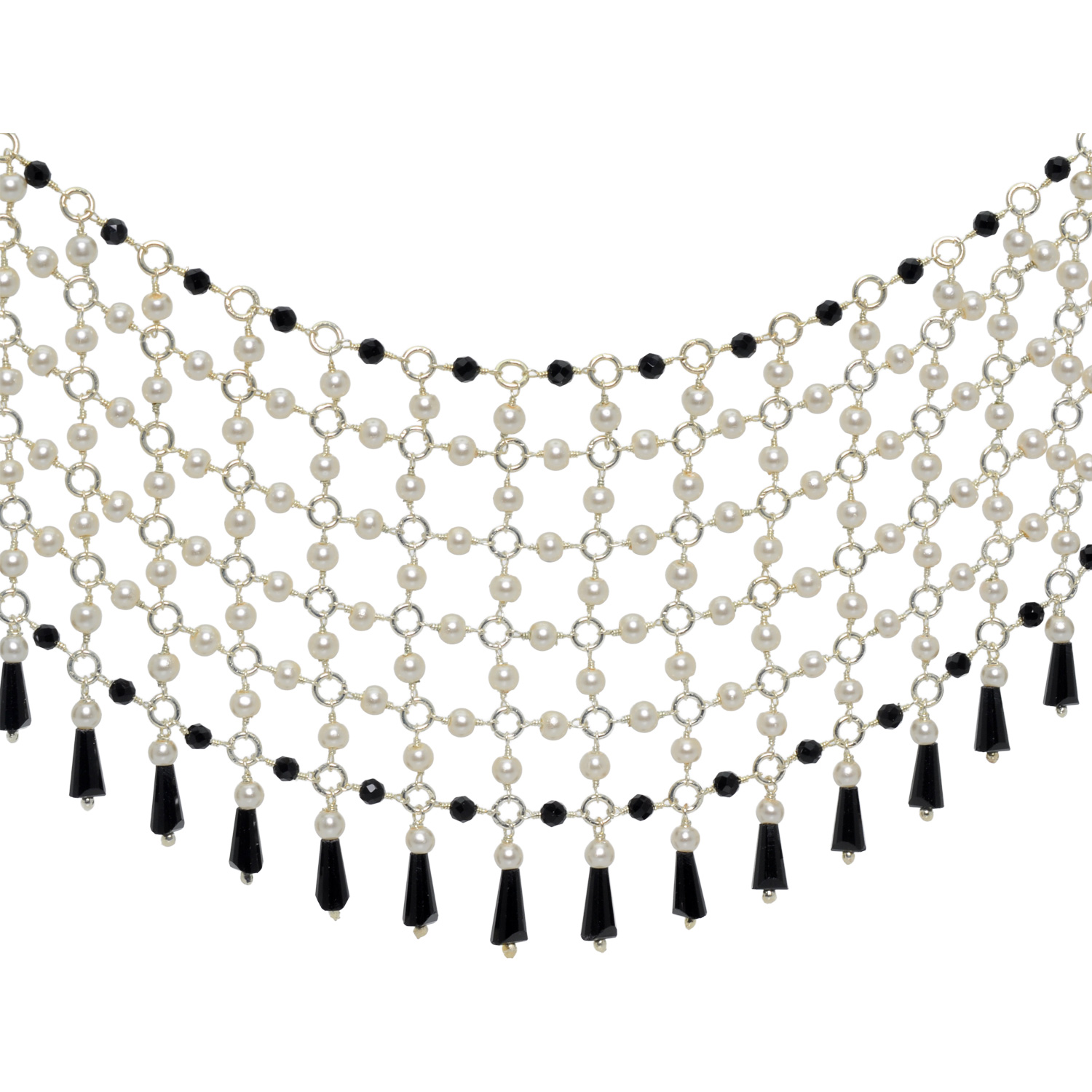 Pearl & Black Spinel Color Cubic Zirconia Beads Necklace (Silver)