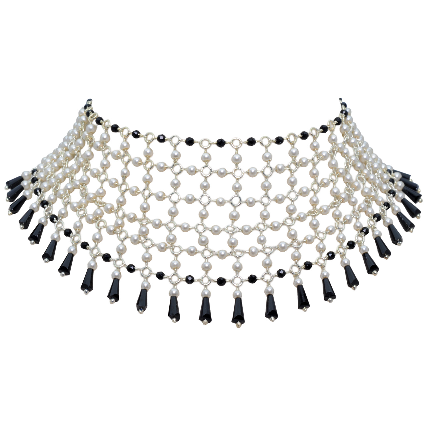 Pearl & Black Spinel Color Cubic Zirconia Beads Necklace (Silver) - Image 6