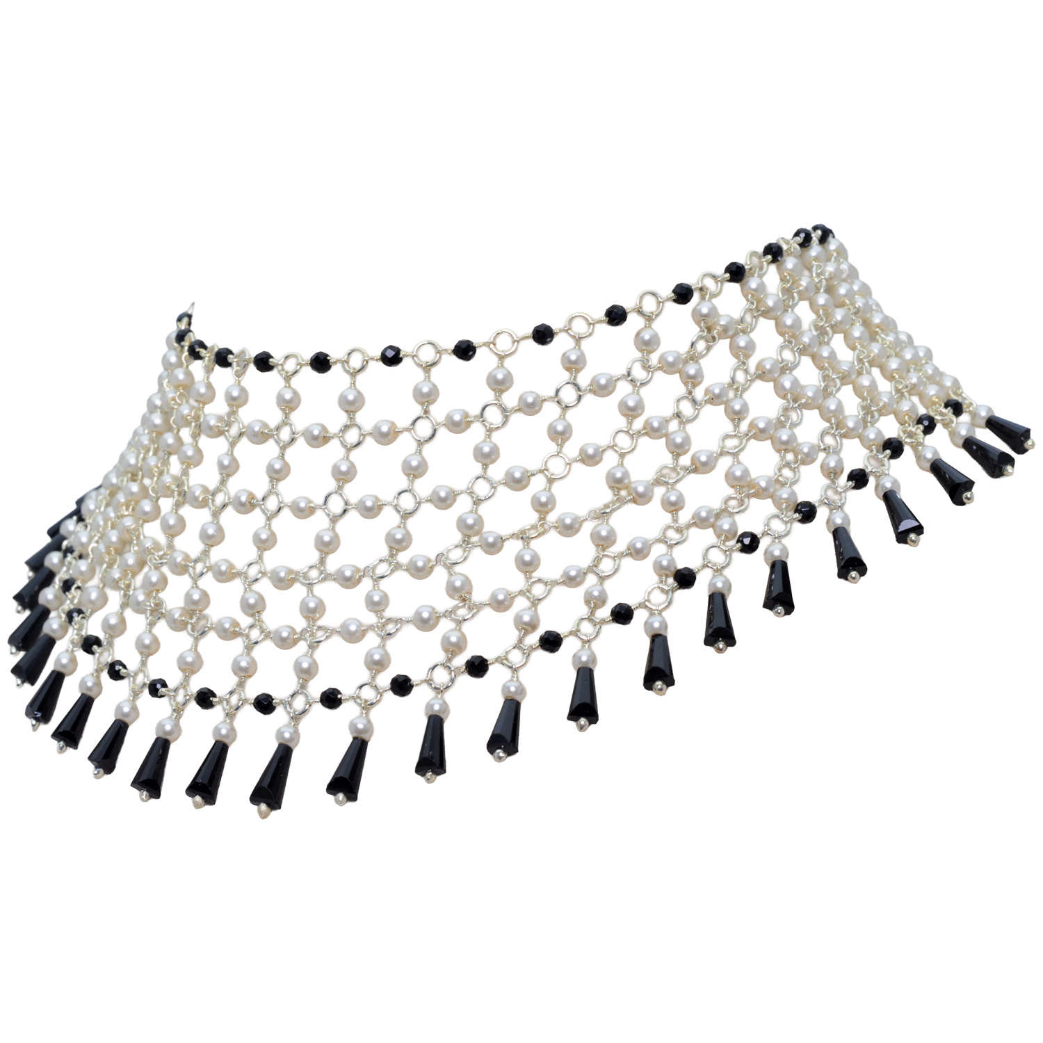 Pearl & Black Spinel Color Cubic Zirconia Beads Necklace (Silver) - Image 5