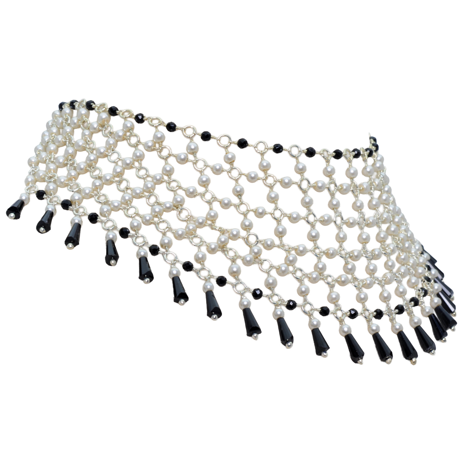 Pearl & Black Spinel Color Cubic Zirconia Beads Necklace (Silver) - Image 4