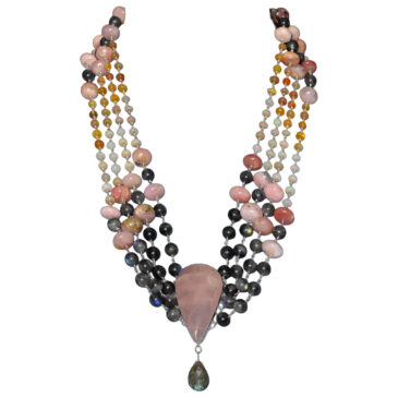 Rose Quartz,Opal,Labradorite Gemstone Knotted Necklace In .925 Silver