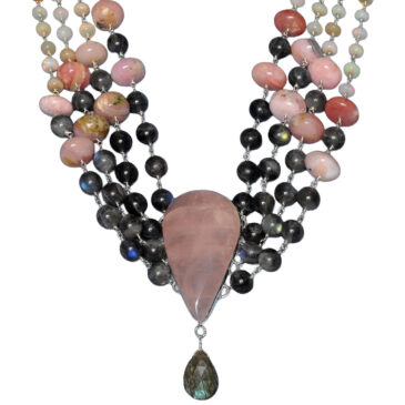 Rose Quartz,Opal,Labradorite Gemstone Knotted Necklace In .925 Silver