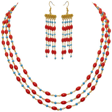 Red Jasper & Turquoise Gemstone Knotted Necklace In .925 Silver Gold Finish