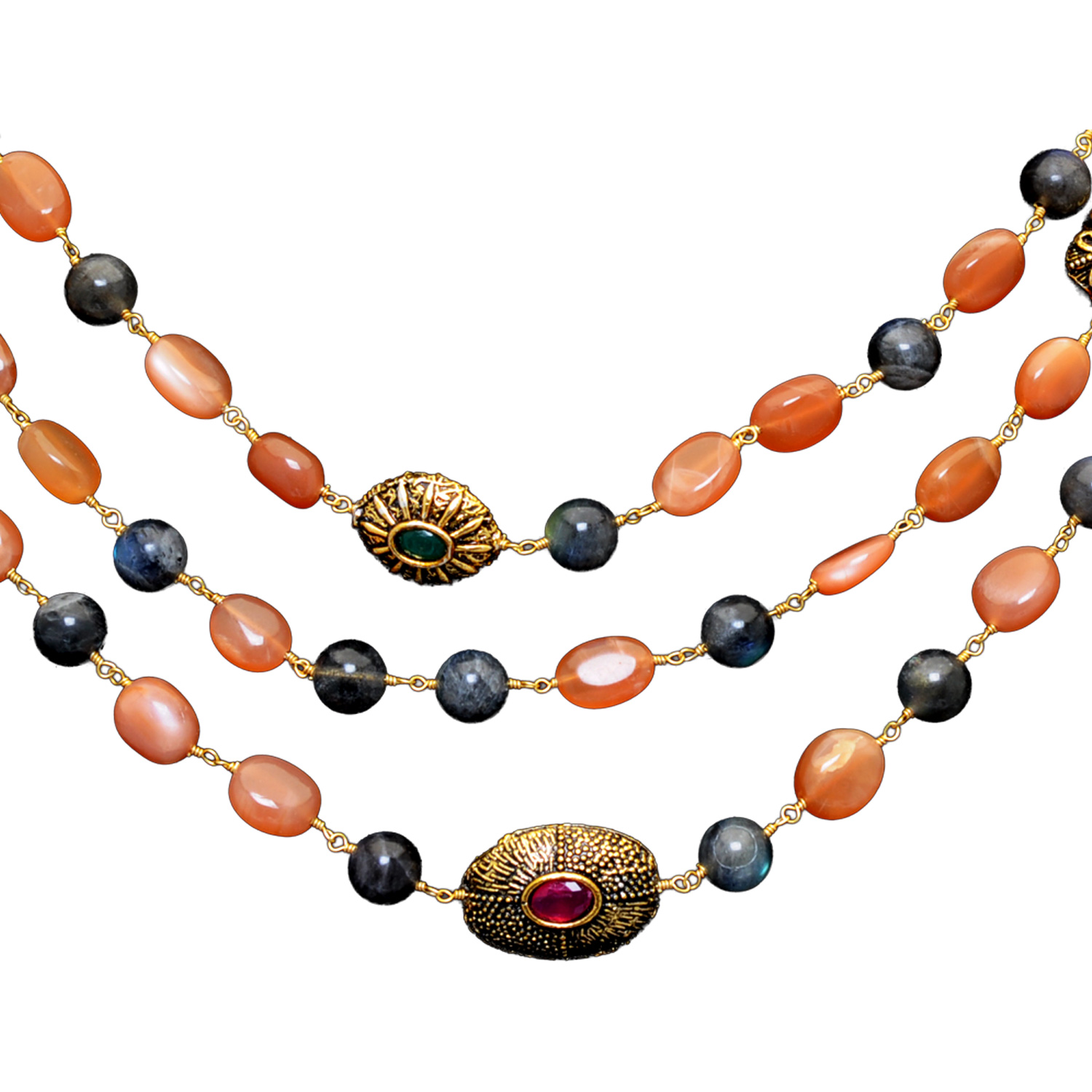 Carnelian & Labradorite Gemstone Knotted Necklace In .925 Silver Gold Finish - Image 2
