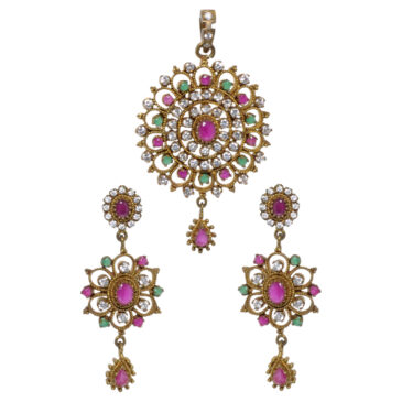 Multi color Stone Studded Round Shape Pendant & Earring Set Antique Finish