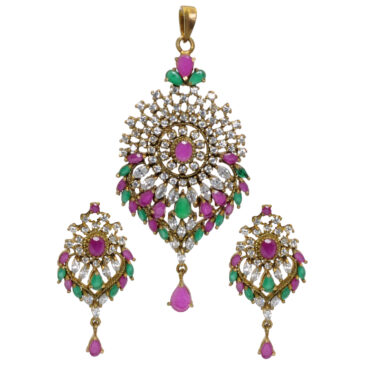 Multi color Stone Studded Leaf Shape Pendant & Earring Set Antique Finish