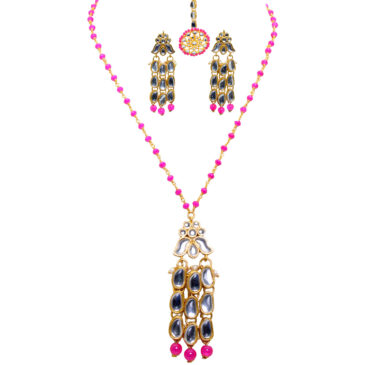 Cubic Zirconia & Pink color bead Studded Necklace, Earrings & Tikka