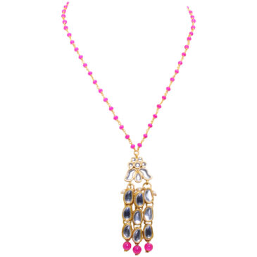 Cubic Zirconia & Pink color bead Studded Necklace, Earrings & Tikka