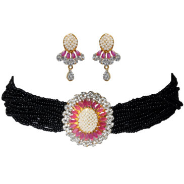 C.Z & Ruby Studded Pendant Attached With Black Bead Rows Choker Set