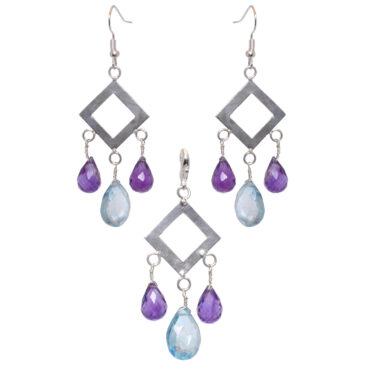 Aquamarine & Amethyst Gemstone Studded Pendant & Earring Set
