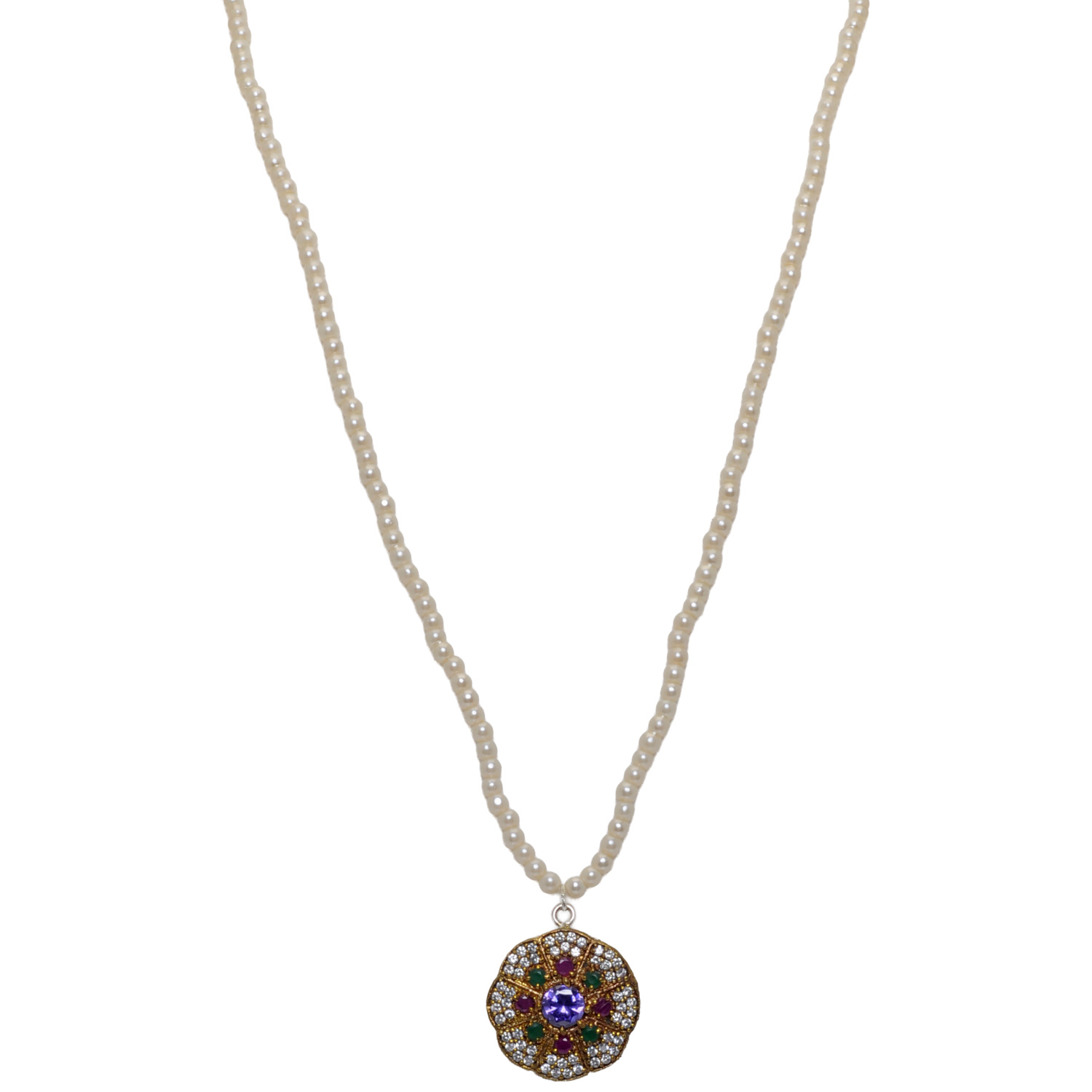 Amethyst & Multi Color Stone Pendant With Pearl Beads