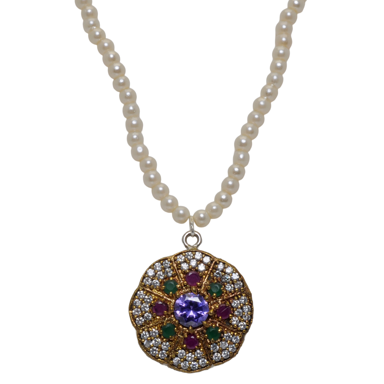 Amethyst & Multi Color Stone Pendant With Pearl Beads - Image 2