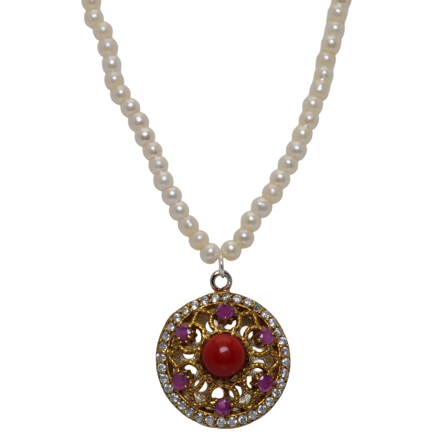 Red Jasper & Topaz Color Stone Pendant With Pearl Beads - Image 4