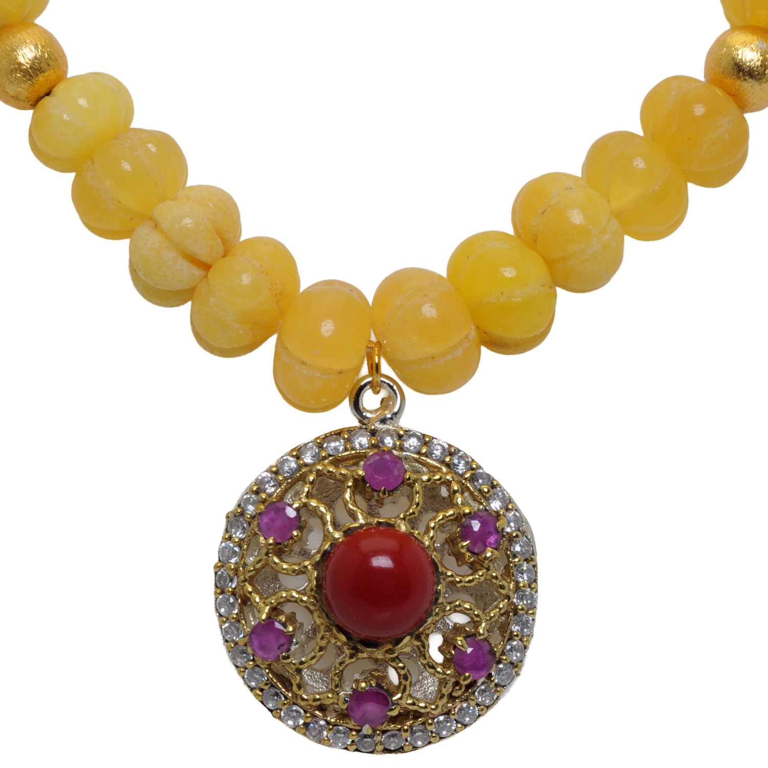 Yellow Sapphire Pumkin Shape Bead Attached With Red Jasper, Ruby Studded Pendant - Image 2