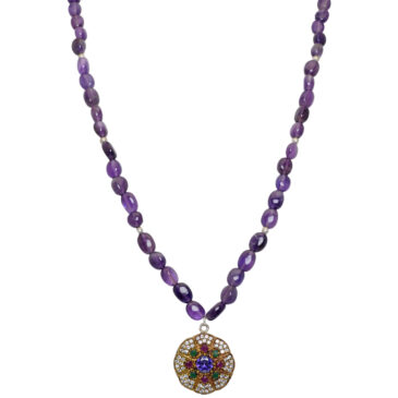 Amethyst Oval Shape Bead Attached With Tanzanite & Ruby, Emerald Studded Pendant