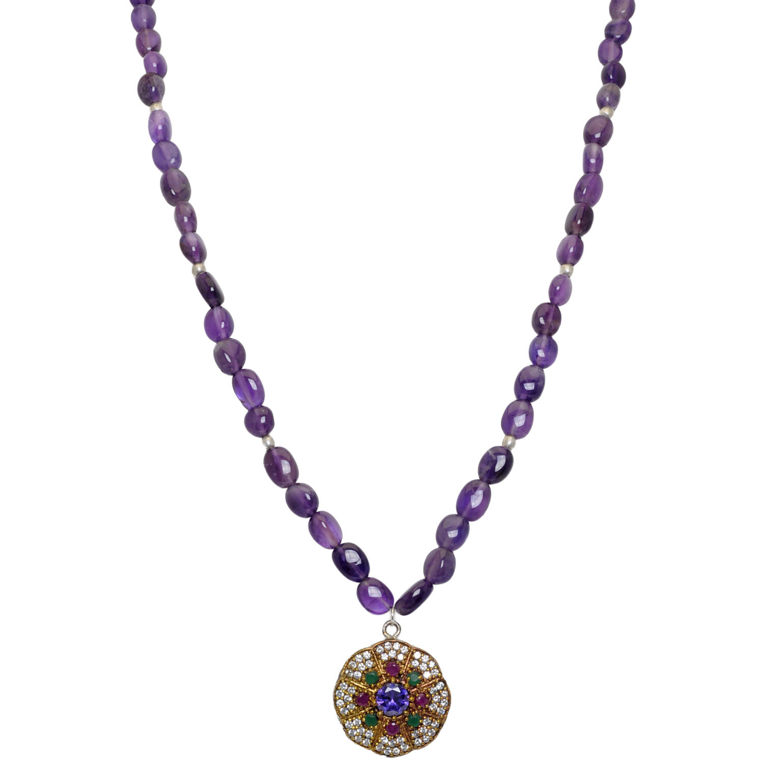 Amethyst Oval Shape Bead Attached With Tanzanite & Ruby, Emerald Studded Pendant