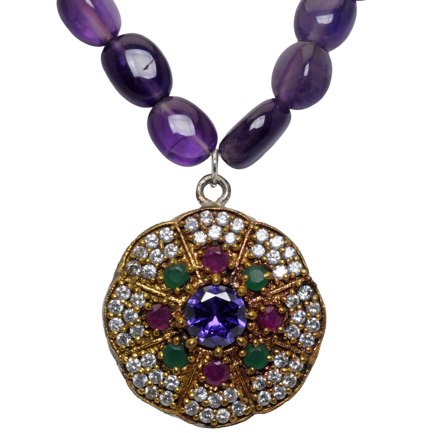 Amethyst Oval Shape Bead Attached With Tanzanite & Ruby, Emerald Studded Pendant - Image 4